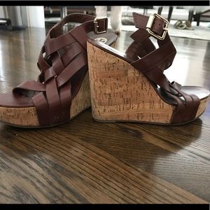 Tory Burch brown woven cork wedges